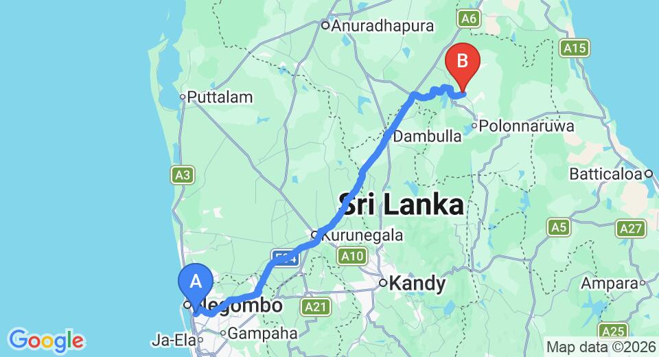 Driving route map: Colombo Airport (CMB) to Hingurakgoda (181 km, approx 3 h 50 min private transfer)