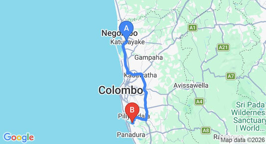 Driving route map: Colombo Airport (CMB) to Santhushti Villa, Piliyandala (66 km, approx 1 h 15 min private transfer)
