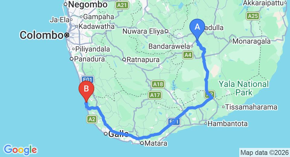 Driving route map: Ella to Ahungalla (237 km, approx 3 h 54 min private transfer)