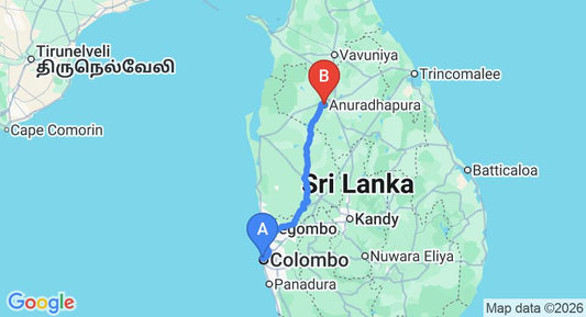 Driving route map: Colombo Seaport to Anuradhapura (207 km, approx 4 h 17 min private transfer)