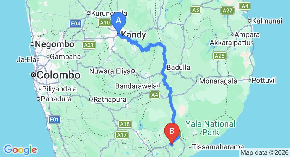 Driving route map: Kandy to Mattala (HRI) Airport (220 km, approx 5 h 32 min private transfer)