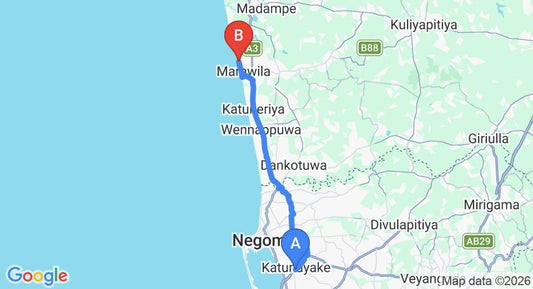 Driving route map: Colombo Airport (CMB) to Hotel Villa Viana, Marawila (35 km, approx 1 h 4 min private transfer)