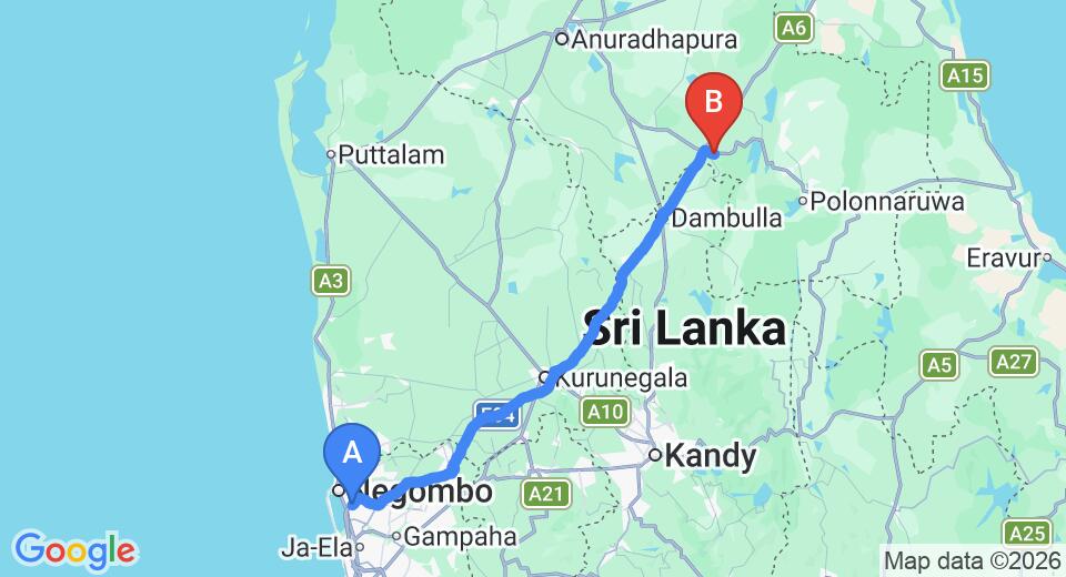 Driving route map: Colombo Airport (CMB) to Asnara Village, Habarana (154 km, approx 3 h 18 min private transfer)