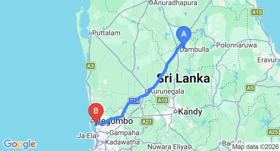 Driving route map: Kandalama to Colombo Airport (CMB) (141 km, approx 3 h 7 min private transfer)