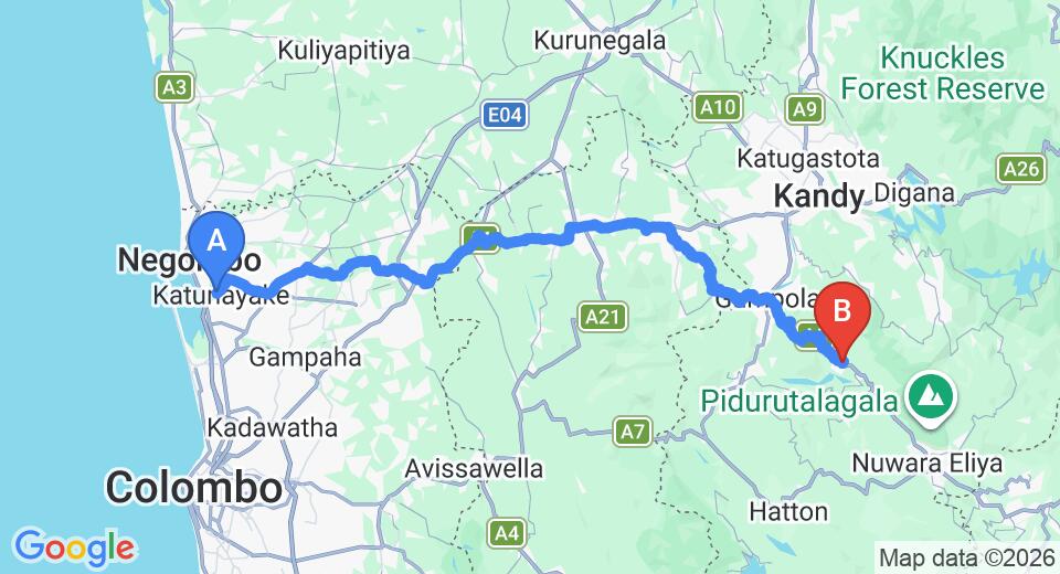 Driving route map: Colombo Airport (CMB) to The Lavender House, Pussellawa (128 km, approx 3 h 53 min private transfer)