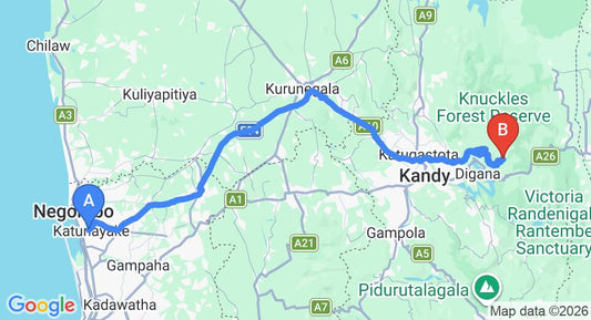 Driving route map: Colombo Airport (CMB) to Heel Oya (149 km, approx 4 h 10 min private transfer)