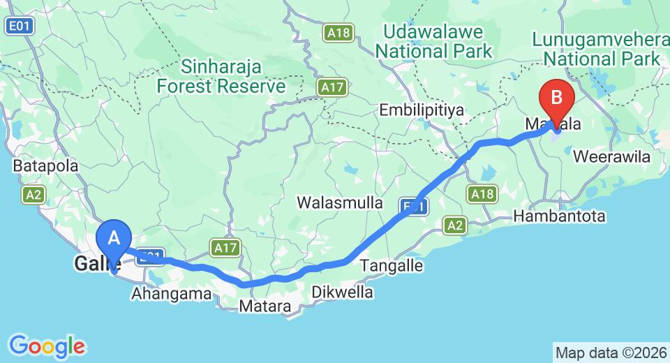 Driving route map: Unawatuna to Mattala (HRI) Airport (118 km, approx 1 h 34 min private transfer)