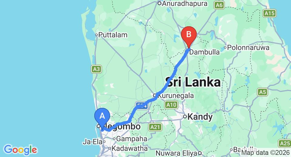 Driving route map: Colombo Airport (CMB) to Pelwehera Village Resort, Dambulla (134 km, approx 2 h 53 min private transfer)
