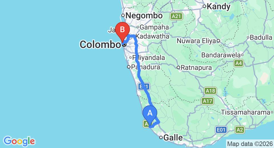 Driving route map: Hikkaduwa to Colombo Seaport (136 km, approx 2 h 0 min private transfer)