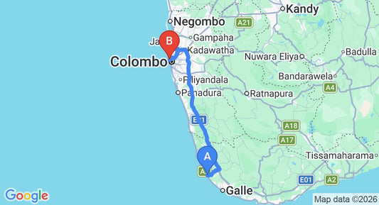 Driving route map: Hikkaduwa to Colombo Seaport (136 km, approx 2 h 0 min private transfer)