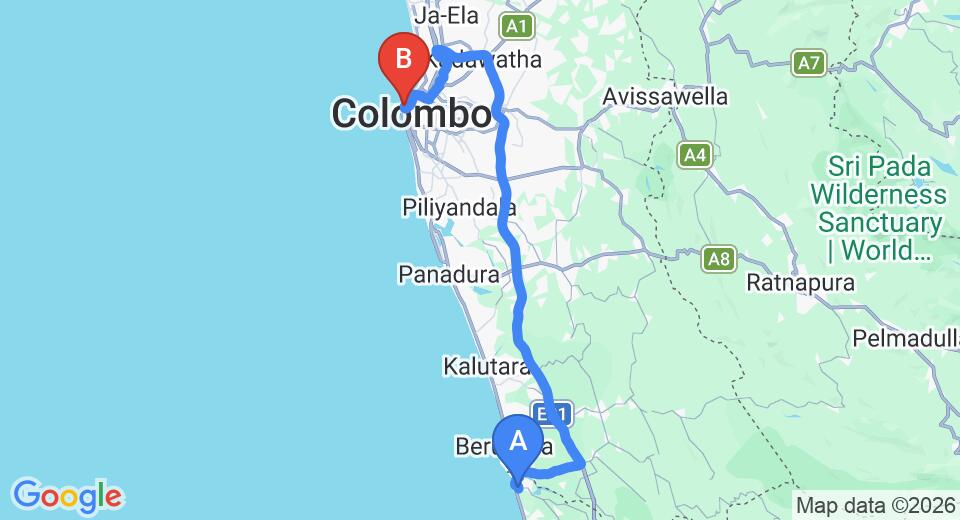 Driving route map: Bentota to Colombo Seaport (103 km, approx 1 h 38 min private transfer)