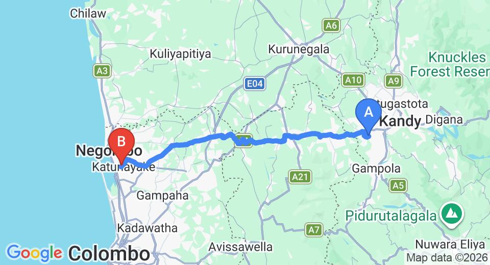 Driving route map: Gadaladeniya to Colombo Airport (CMB) (92 km, approx 2 h 40 min private transfer)