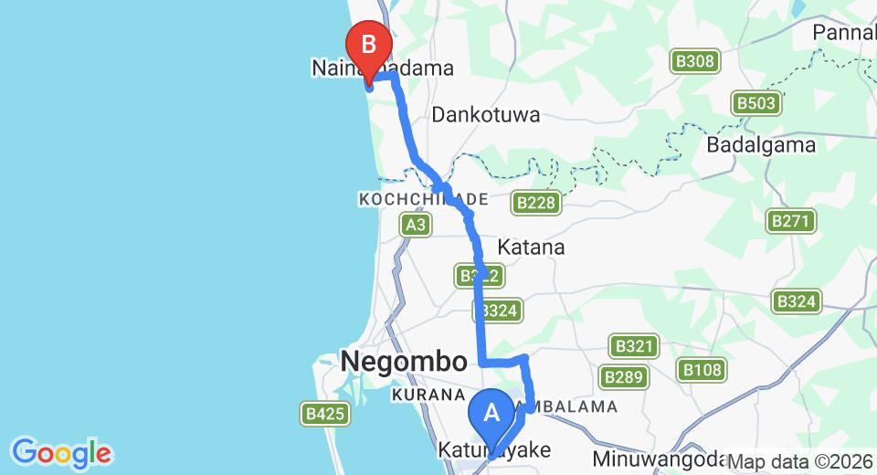 Driving route map: Colombo Airport (CMB) to Villa Sunbird, Negombo (23 km, approx 46 min private transfer)