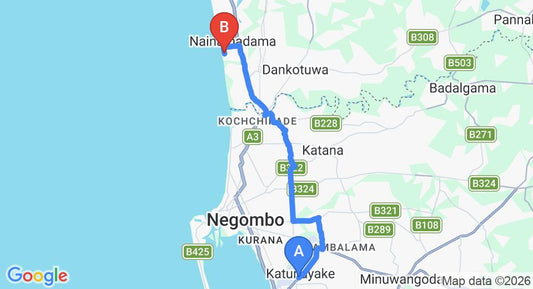 Driving route map: Colombo Airport (CMB) to Villa Sunbird, Negombo (23 km, approx 46 min private transfer)