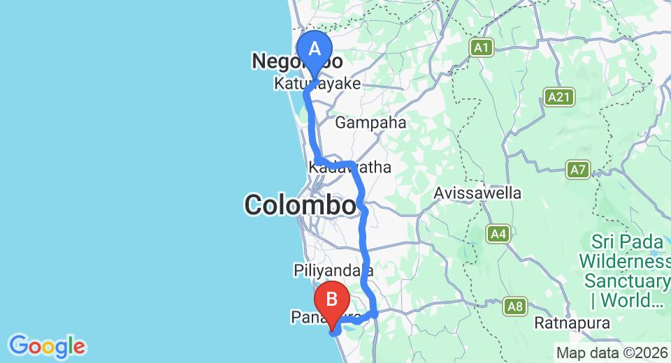 Driving route map: Colombo Airport (CMB) to Blue Beach Hotel, Wadduwa (77 km, approx 1 h 26 min private transfer)