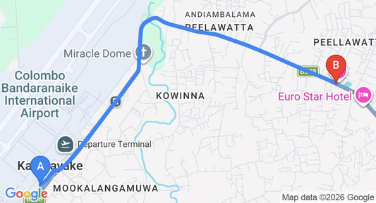 Driving route map: Colombo Airport (CMB) to The Tamarind Tree Hotel â€“ Katunayake, Katunayake (5 km, approx 12 min private transfer)