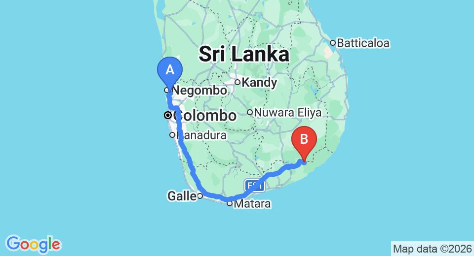 Driving route map: Colombo Airport (CMB) to Katagamuwa Piyasa Holiday Bungalow, Yala (290 km, approx 3 h 53 min private transfer)
