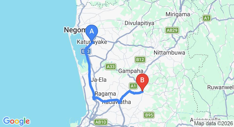 Driving route map: Colombo Airport (CMB) to Weliweriya (39 km, approx 48 min private transfer)