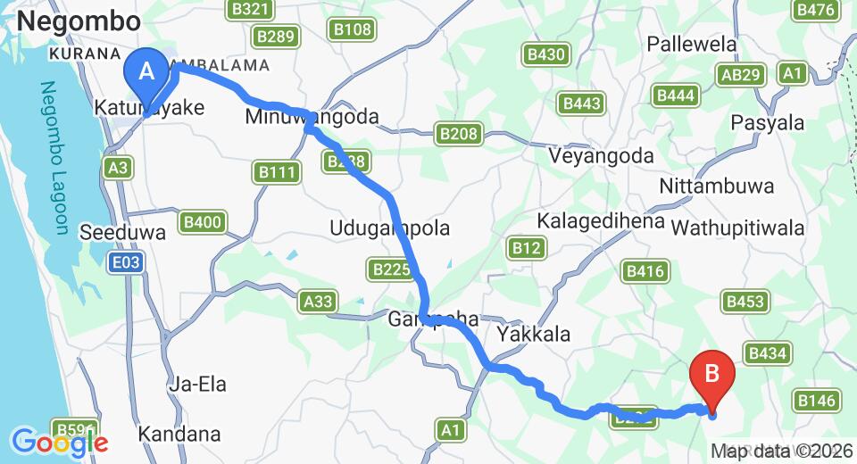 Driving route map: Colombo Airport (CMB) to Wathurugama (35 km, approx 1 h 9 min private transfer)