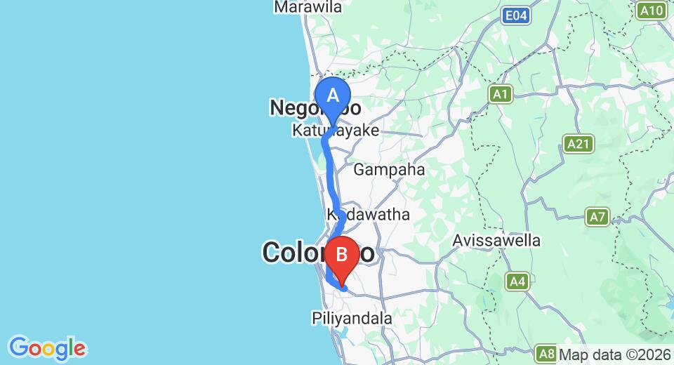Driving route map: Colombo Airport (CMB) to Breeze of Paradise, Colombo (41 km, approx 1 h 4 min private transfer)