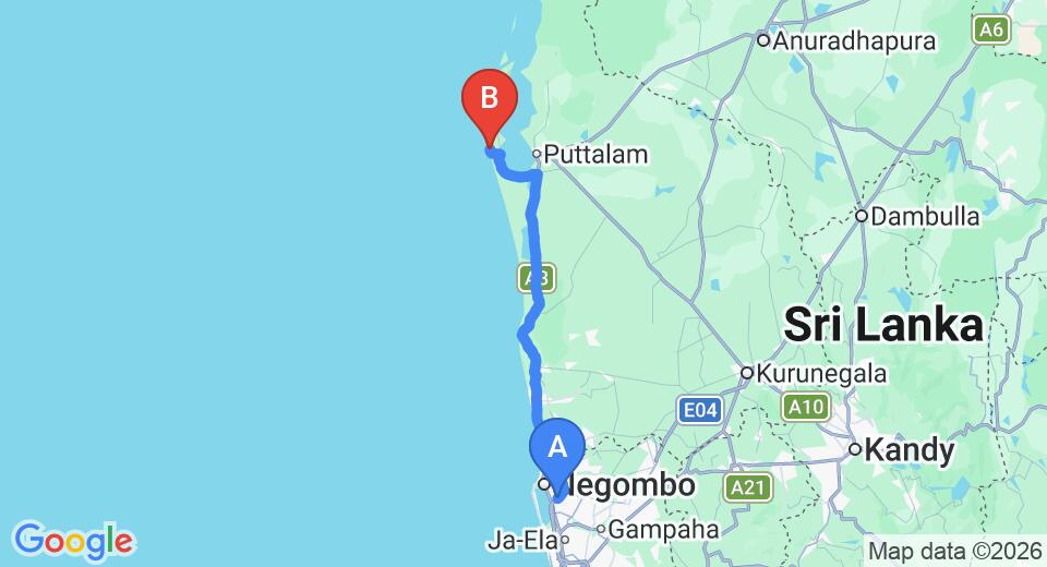 Driving route map: Colombo Airport (CMB) to Dolphin Beach Resort, Kalpitiya (118 km, approx 2 h 51 min private transfer)