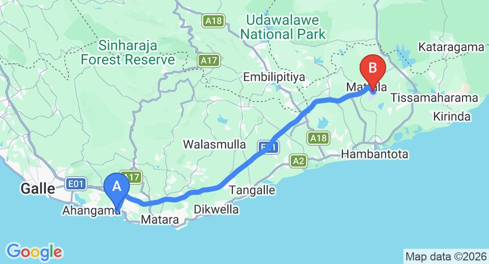 Driving route map: Weligama to Mattala (HRI) Airport (98 km, approx 1 h 22 min private transfer)