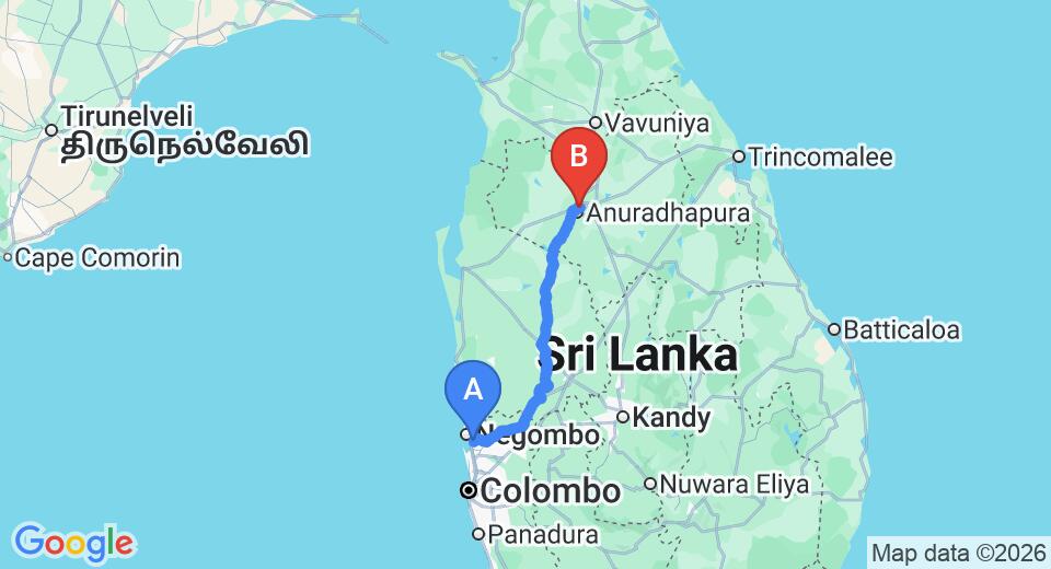Driving route map: Colombo Airport (CMB) to Kivga Holiday Home, Anuradhapura (176 km, approx 3 h 49 min private transfer)