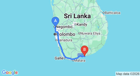 Driving route map: Colombo Airport (CMB) to Ussangoda (235 km, approx 3 h 14 min private transfer)
