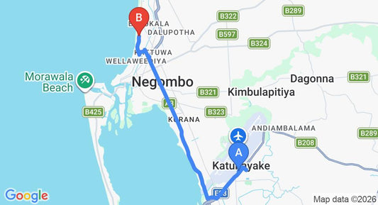 Driving route map: Colombo Airport (CMB) to King Fish Guest House, Negombo (12 km, approx 29 min private transfer)