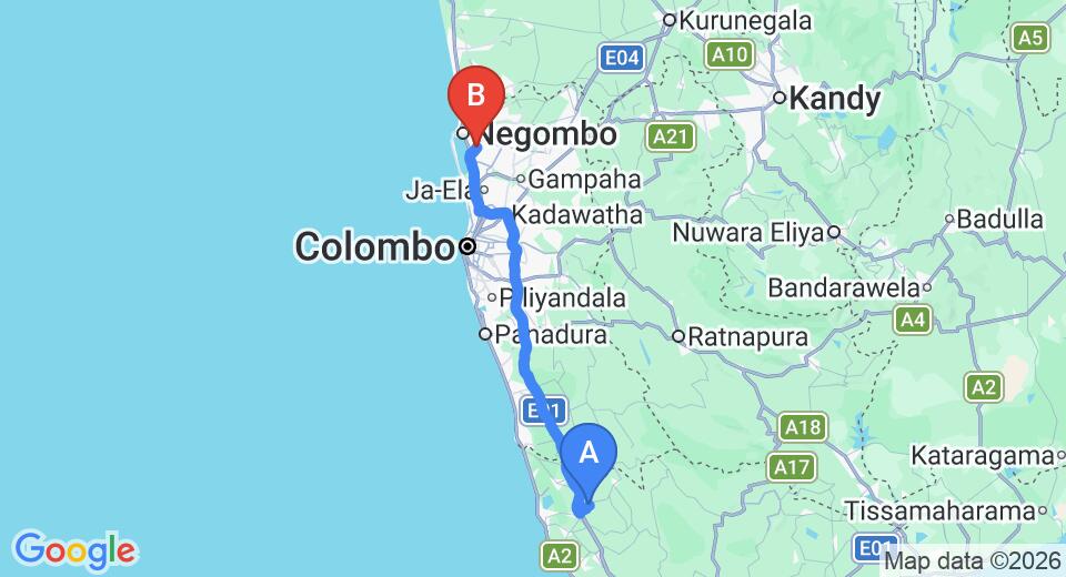 Driving route map: Elpitiya to Colombo Airport (CMB) (119 km, approx 1 h 37 min private transfer)