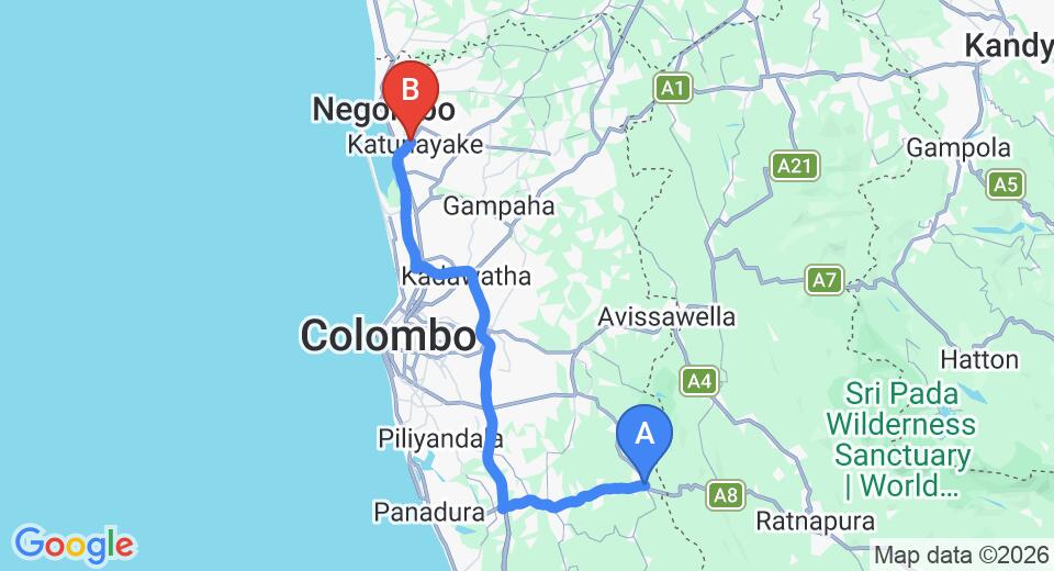 Driving route map: Ingiriya to Colombo Airport (CMB) (83 km, approx 1 h 30 min private transfer)