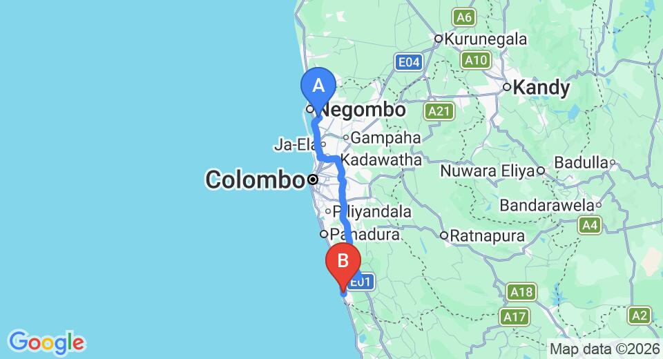 Driving route map: Colombo Airport (CMB) to Beruwala (99 km, approx 1 h 41 min private transfer)