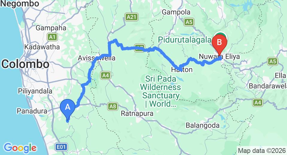 Driving route map: Yala to Nuwara Eliya (155 km, approx 4 h 44 min private transfer)