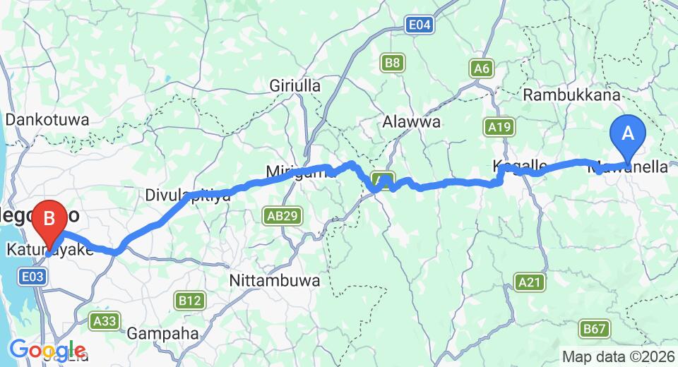 Driving route map: Mawanella to Colombo Airport (CMB) (77 km, approx 2 h 10 min private transfer)