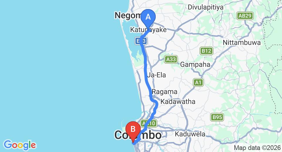 Driving route map: Colombo Airport (CMB) to Sea View Hotel, Colombo (36 km, approx 50 min private transfer)