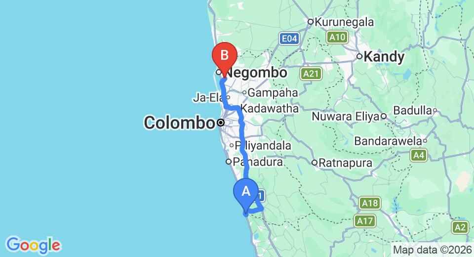 Driving route map: Bentota to Colombo Airport (CMB) (106 km, approx 1 h 36 min private transfer)