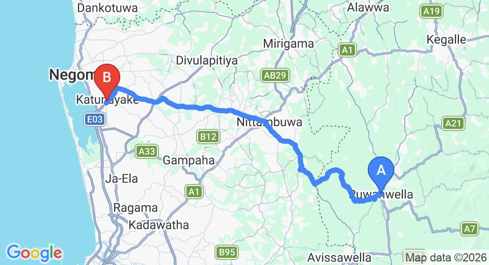 Driving route map: Ruwanwella to Colombo Airport (CMB) (57 km, approx 1 h 42 min private transfer)