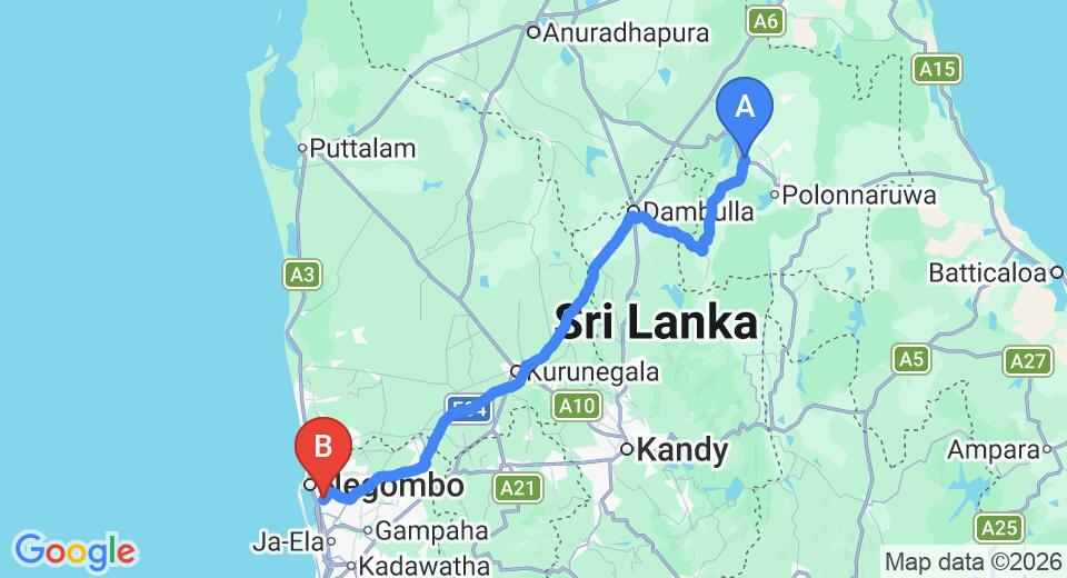 Driving route map: Giritale to Colombo Airport (CMB) (184 km, approx 3 h 46 min private transfer)