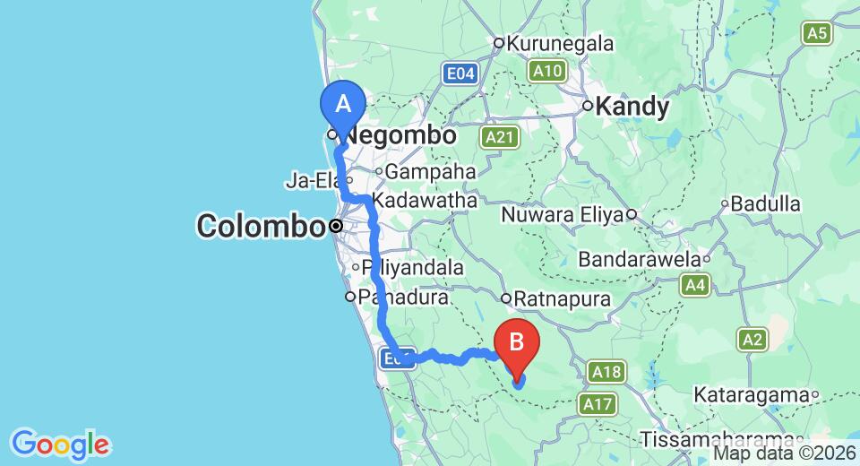 Driving route map: Colombo Airport (CMB) to The Blue Magpie Lodge, Ratnapura (151 km, approx 2 h 59 min private transfer)