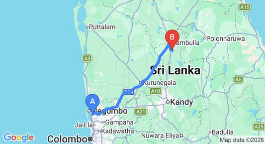 Driving route map: Colombo Airport (CMB) to MPS Village, Dambulla (137 km, approx 3 h 0 min private transfer)