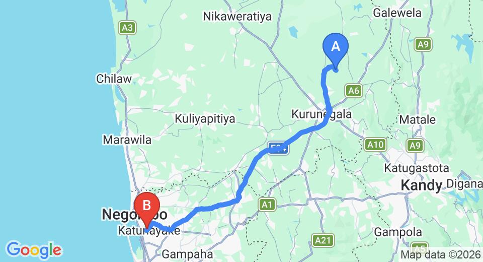 Driving route map: Dolukanda to Colombo Airport (CMB) (93 km, approx 2 h 3 min private transfer)
