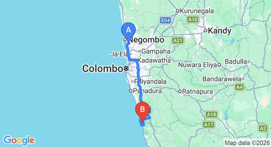 Driving route map: Colombo Airport (CMB) to Lunuganga Country Estate, Bentota (118 km, approx 2 h 1 min private transfer)