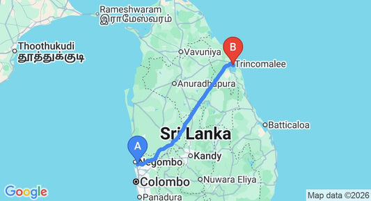 Driving route map: Colombo Airport (CMB) to Dyke Rest, Trincomalee (239 km, approx 4 h 52 min private transfer)
