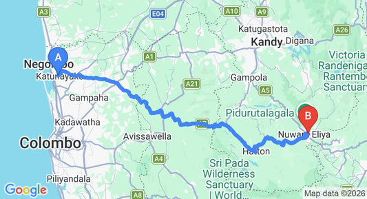 Driving route map: Colombo Airport (CMB) to Camellia Lake Resort, Nuwara Eliya (155 km, approx 4 h 46 min private transfer)