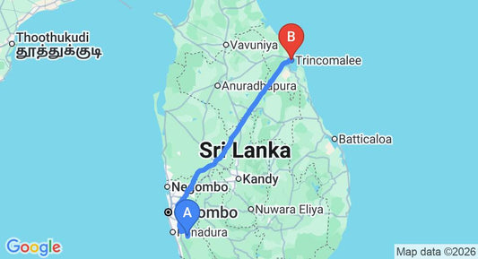 Driving route map: Yala to Trincomalee (289 km, approx 5 h 46 min private transfer)