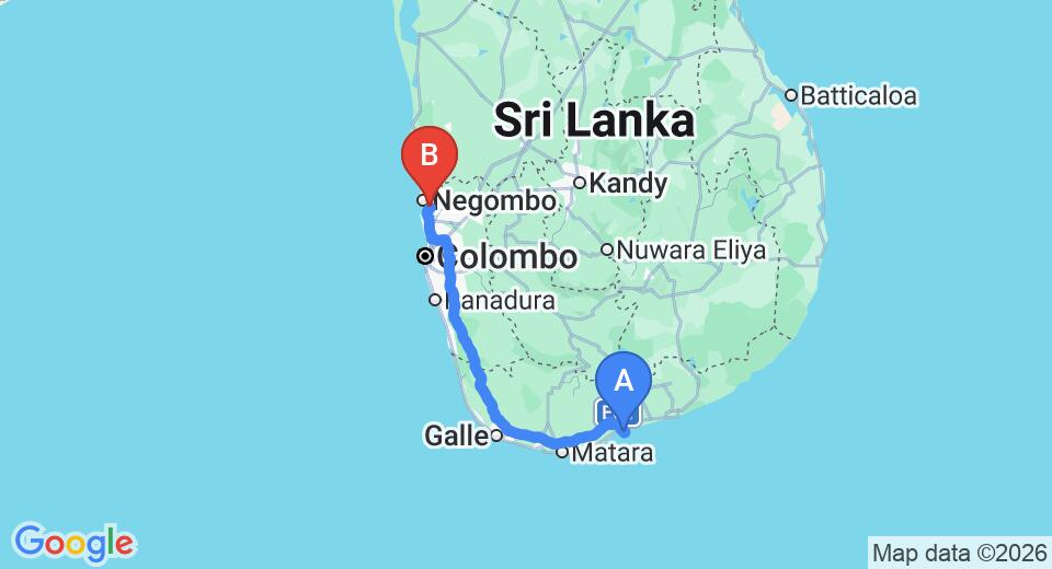 Driving route map: Rekawa to Colombo Airport (CMB) (220 km, approx 2 h 56 min private transfer)