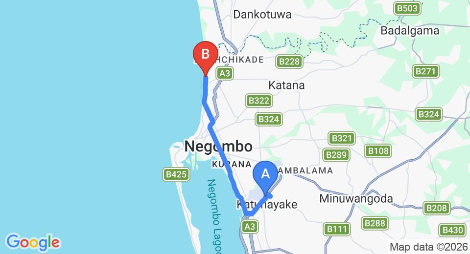 Driving route map: Colombo Airport (CMB) to Shannon Rest, Negombo (15 km, approx 35 min private transfer)