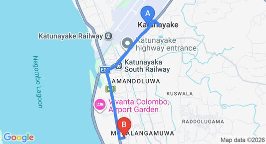 Driving route map: Colombo Airport (CMB) to The Bell Luxury Holiday Home, Negombo (6 km, approx 13 min private transfer)