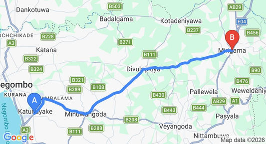 Driving route map: Colombo Airport (CMB) to Midigama (32 km, approx 57 min private transfer)