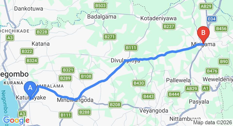 Driving route map: Colombo Airport (CMB) to Mirigama (32 km, approx 57 min private transfer)